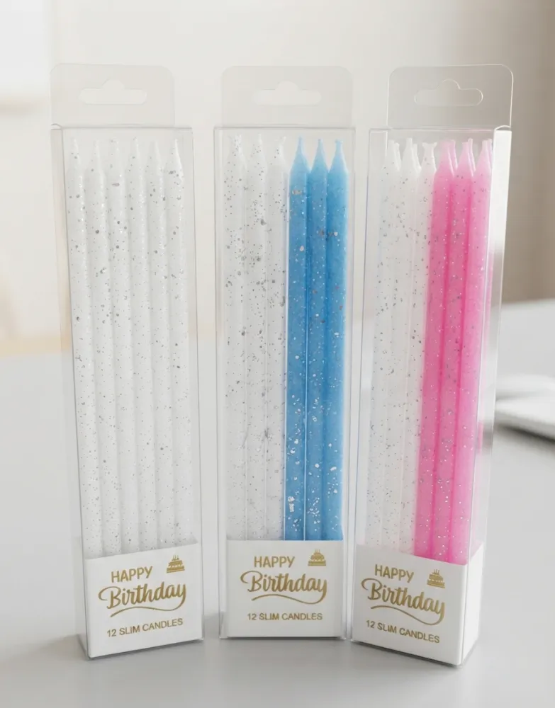  VELAS DELGADAS PARA CUMPLEAÑOS CON ACABADO BRILLANTE -12PZAS CON 12CM DE ALTO