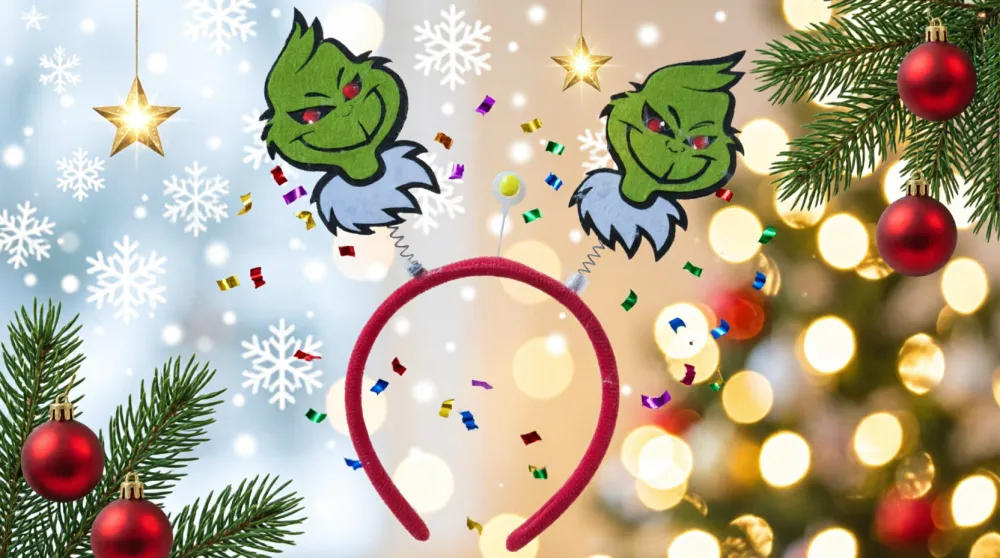 Foto 2 de DIADEMA NAVIDEÑA DEL PERSONAJE EL GRINCH DECORADA CON RESORTES Y FIGURAS DE FIELTRO