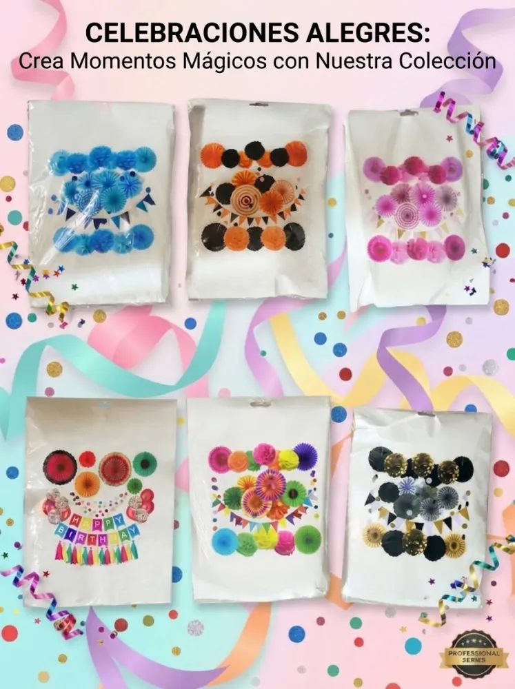 SET DECORACION DE FIESTA CON ABANICOS DE PAPEL Y POMPONES