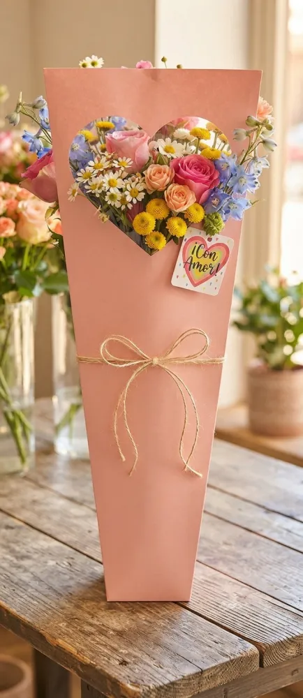 BOLSA DE PAPEL EN FORMA DE CONO CON VENTANA DE CORAZON CON 20PIEZAS