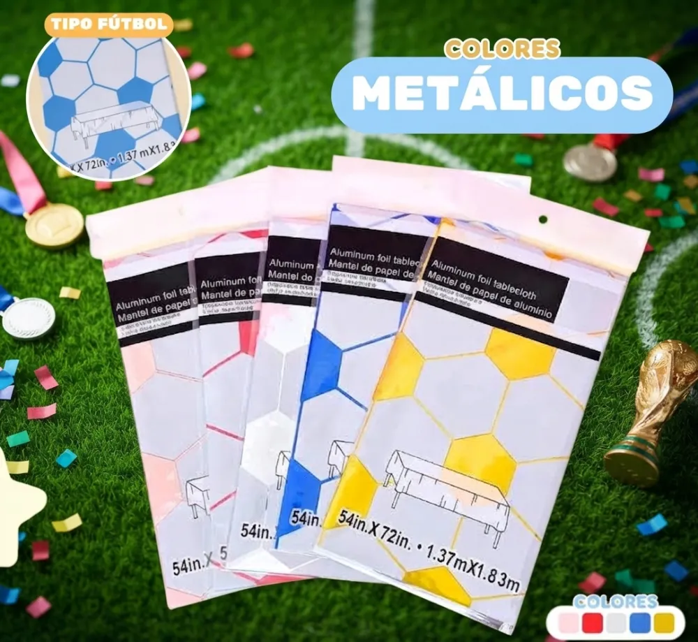 MANTELES DESECHABLES METALIZADOS CON ESTAMPADO DE PELOTA DE FÚTBOL