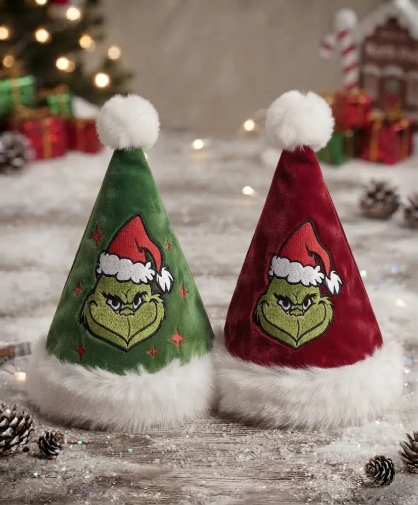 GORRO NAVIDEÑO DE FELPA VERDE Y ROJO CON UNA ILUSTRACIÓN DEL GRINCH