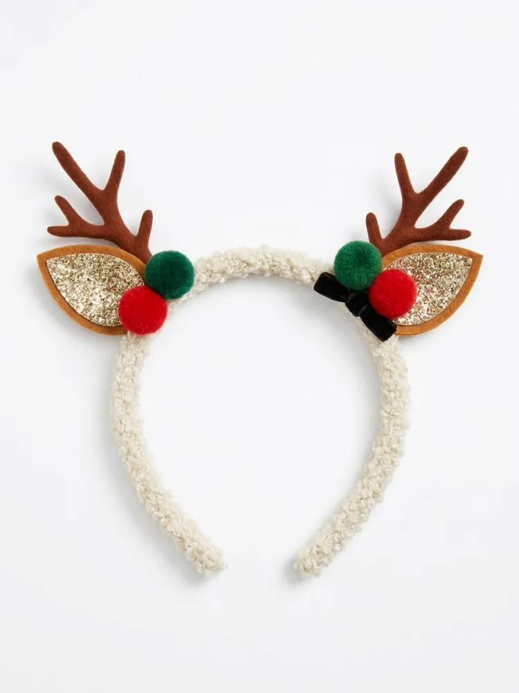 DIADEMA NAVIDEÑA CON CUERNOS DE RENO DECORADA CON POMPONES DE-57