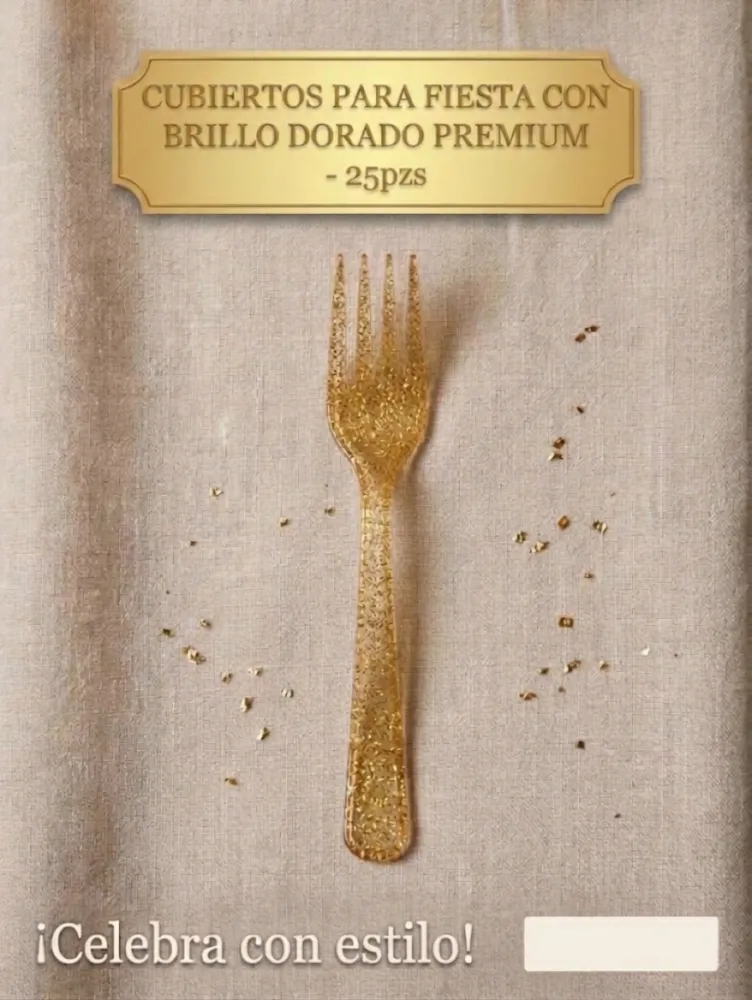 TENEDOR DESECHABLE DE PLASTICO DORADO CON EFECTO GLITTER - 25PZAS
