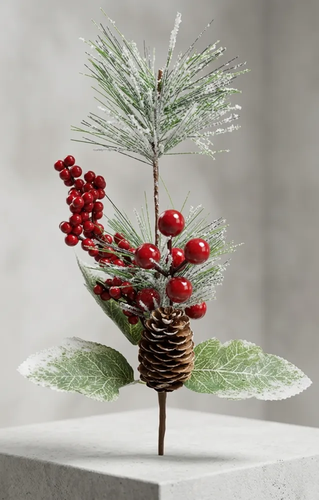 RAMAS DE PINO ESCARCHADAS, PIÑAS NATURALES Y BAYAS ROJAS DE 26CM DE ALTO
