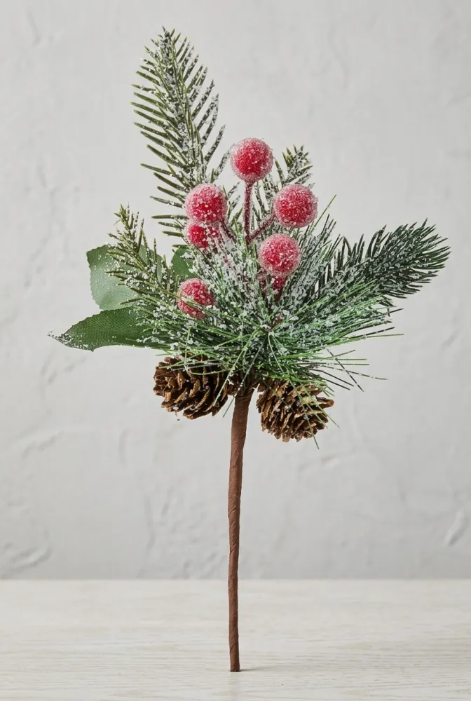 RAMA DECORATIVA NAVIDEÑA NEVADA CON BAYAS Y PIÑAS DE PINO 26CM