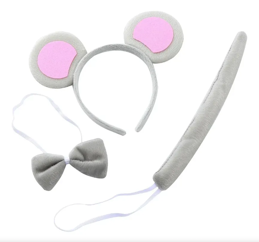 DIADEMA CON OREJAS DE RATON, CONJUNTO DE PAJARITA Y COLA