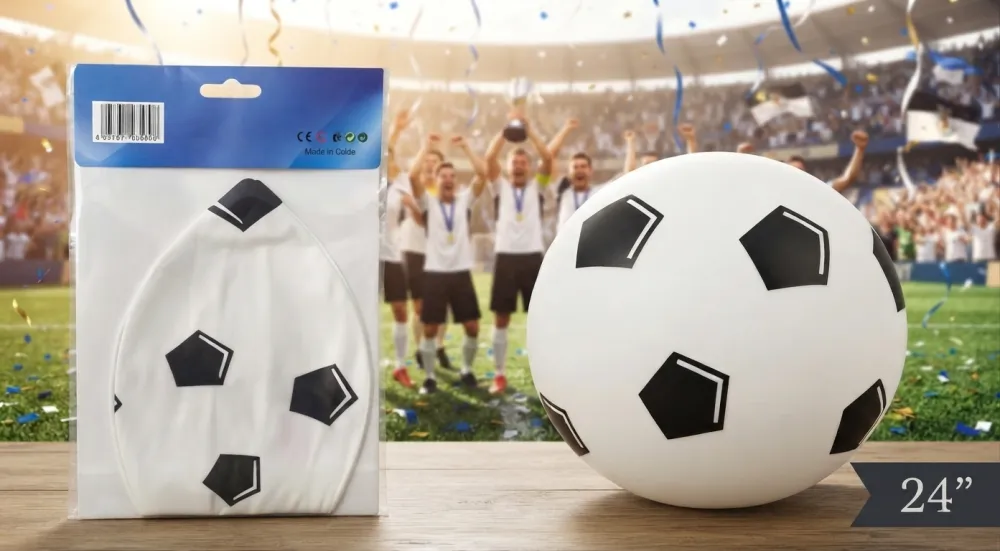 GLOBOS DE LATEX CON DISEÑO DE BALON DE FUTBOL EN BLANCO Y NEGRO.