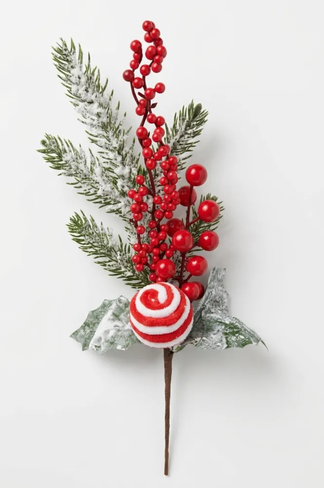 ADORNO NAVIDEÑO RAMA DE PINO BAYAS Y ESFERA - 34CM DE ALTO