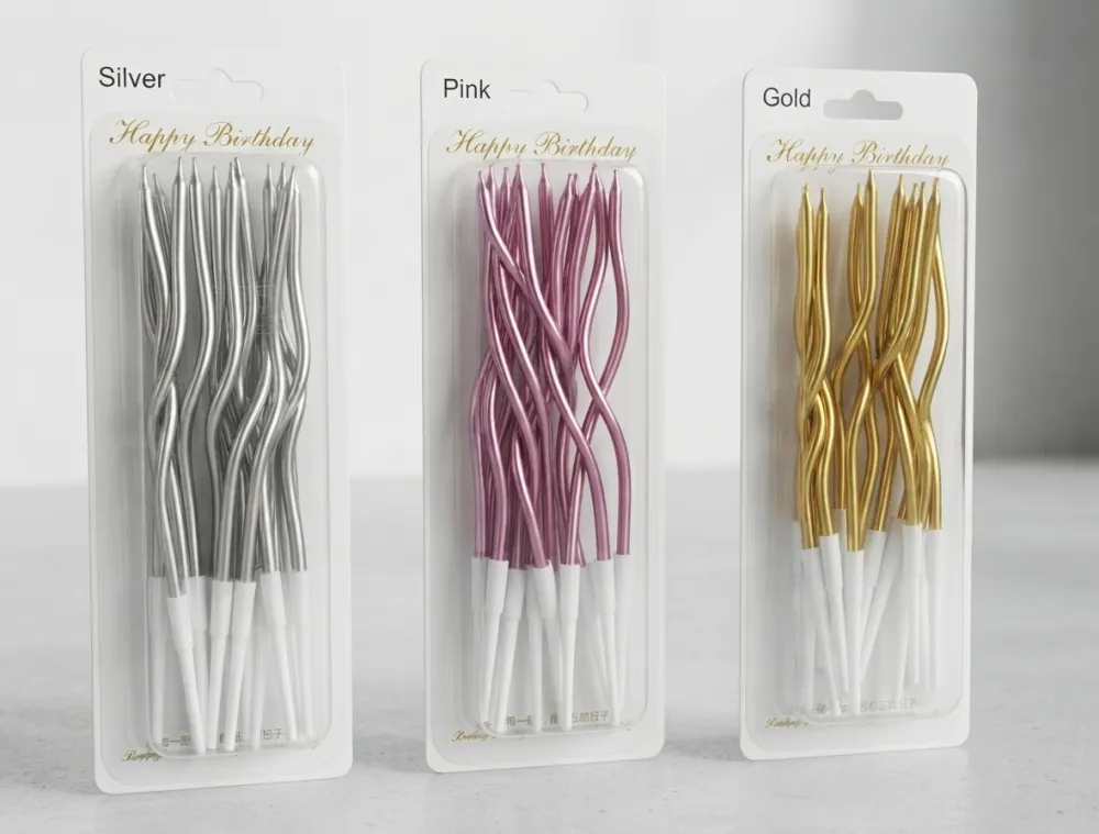 PAQUETES DE VELAS METÁLICAS EN ESPIRAL EN PLATA,ORO Y ROSA CON 12CM DE ALTO
